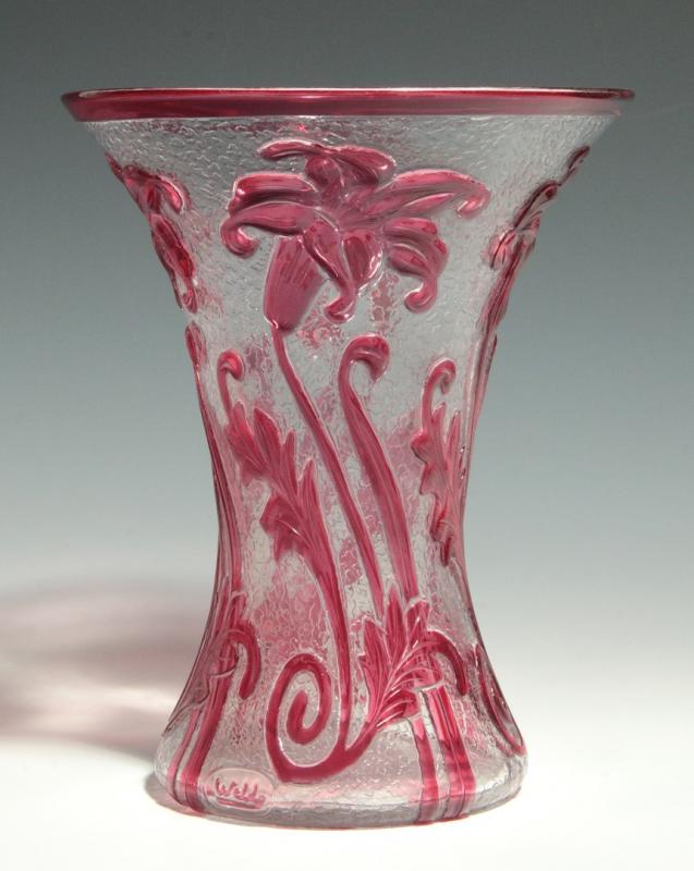 A WEBB CAMEO GLASS VASE WITH LILIES IN RELIEF