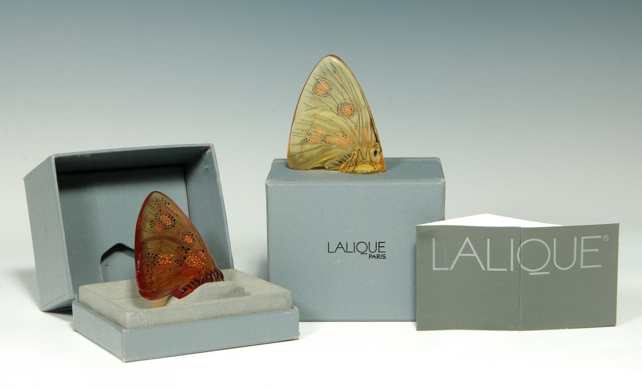 TWO ENAMELED LALIQUE BUTTERFLY FIGURINES