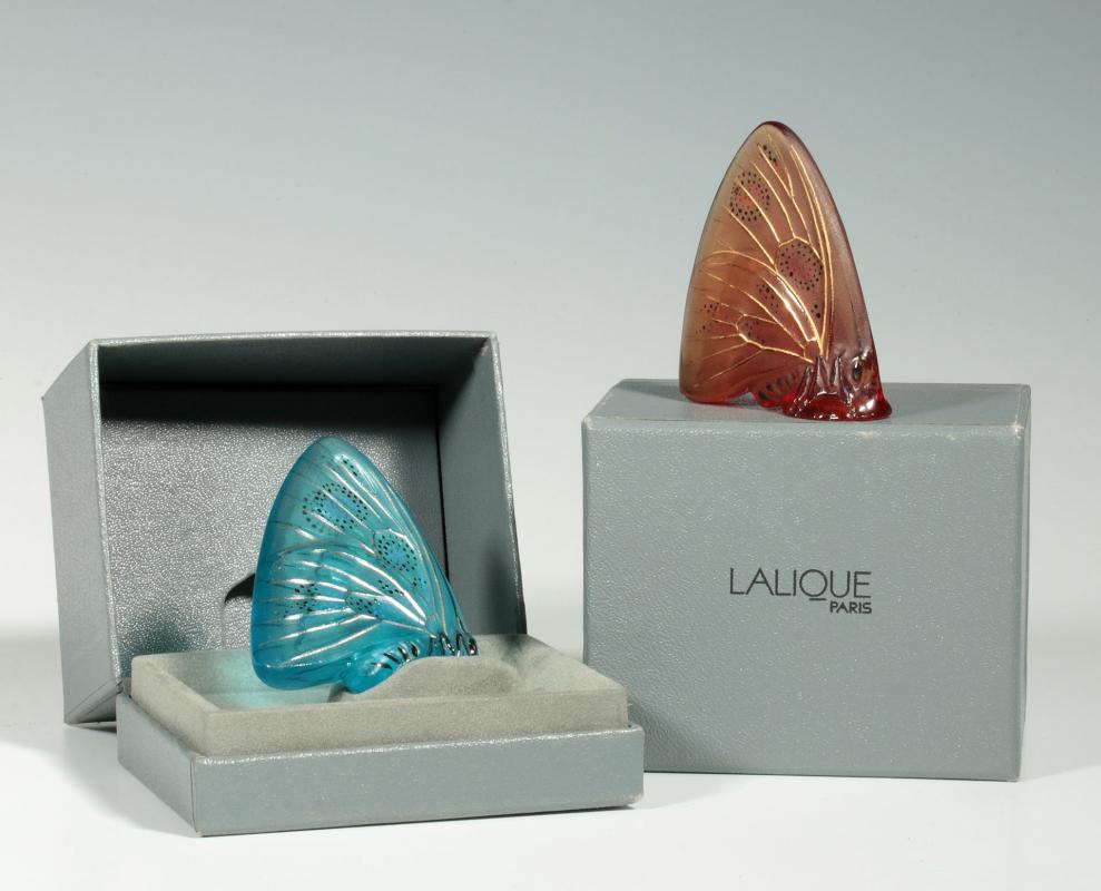 TWO ENAMELED LALIQUE BUTTERFLY FIGURINES