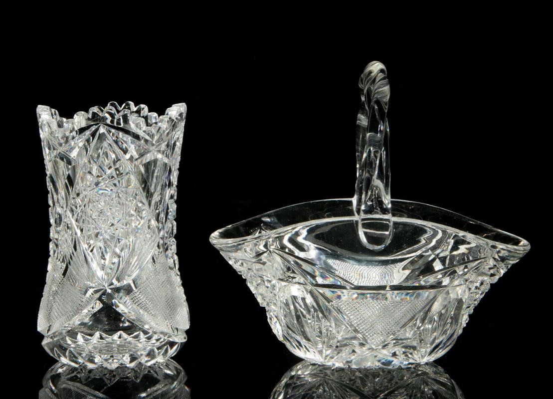 TWO ABP CUT GLASS ITEMS: SPOONER AND FLOWER BASKET
