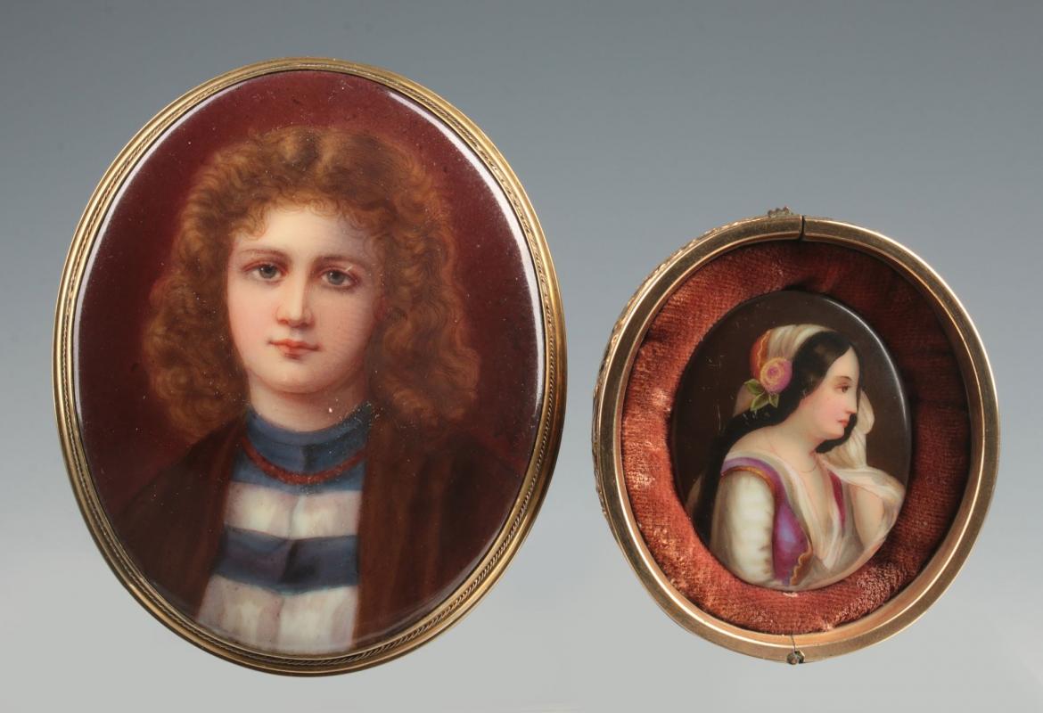 TWO PAINTED PORCELAINS - ONE FRAMED IN A BANGLE 