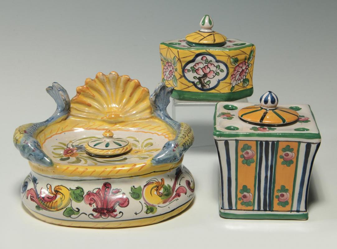 THREE EARLY 20TH C. CONTINENTAL FAIENCE INKWELLS