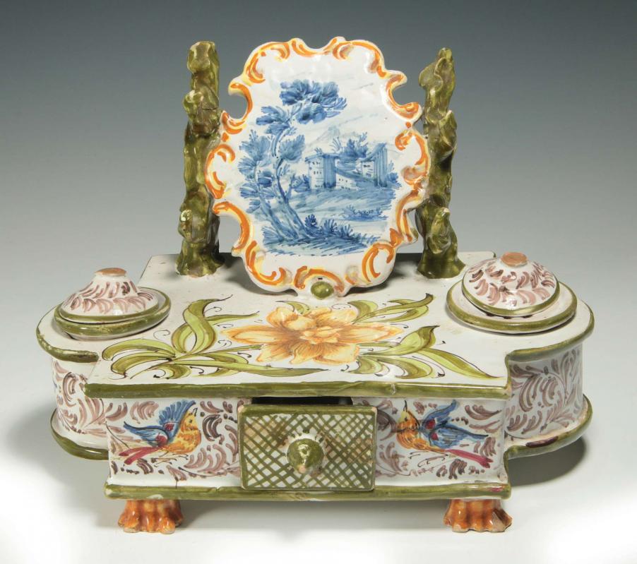 AN ITALIAN FAIENCE DOUBLE INKWELL STAND W/ DRAWER